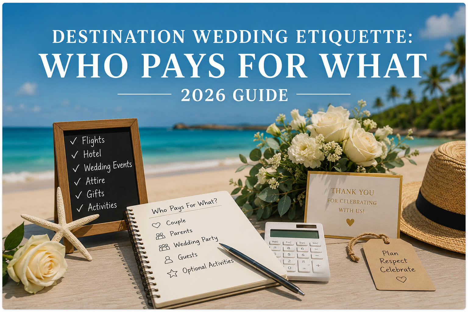 Destination wedding etiquette guide showing wedding budget planning and who pays for flights, accommodations, events, and guest expenses