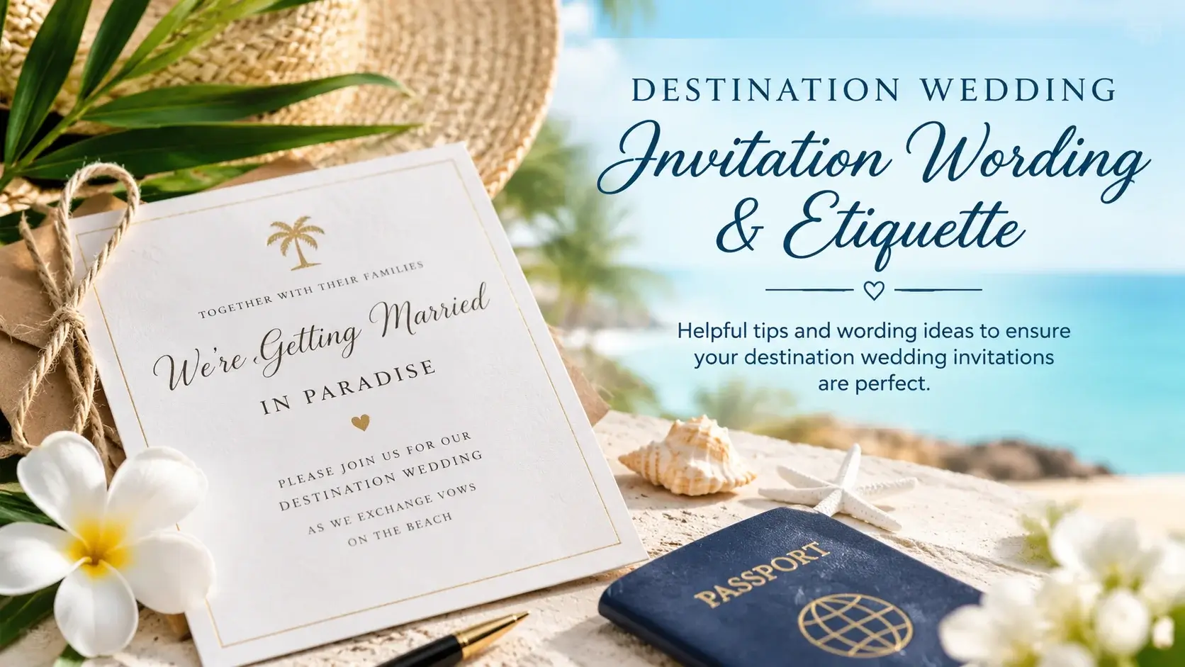 Cream wedding invitation and save-the-date card on a table beside a passport, seashells, and a resort map