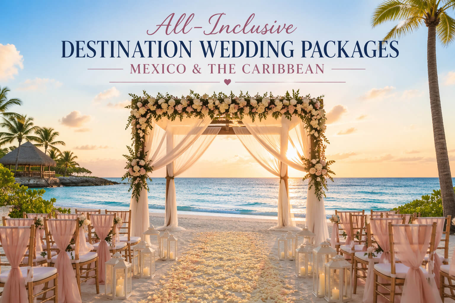 Mexico destination wedding on a tropical beach with bride and groom at sunset