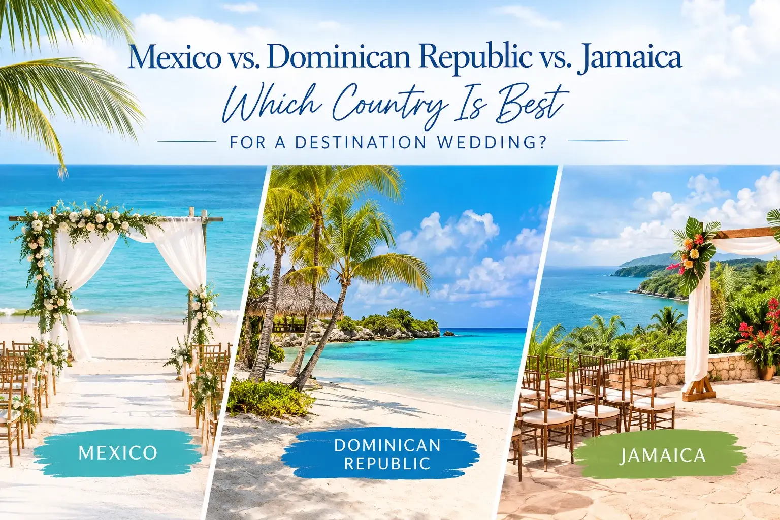 Three tropical beach wedding scenes side by side representing Mexico, the Dominican Republic, and Jamaica