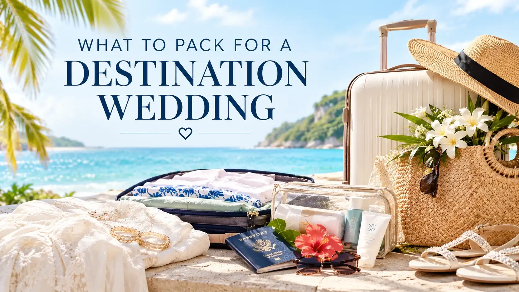 Open suitcase with a wedding dress garment bag, sandals, sunscreen, and passports packed for a destination wedding